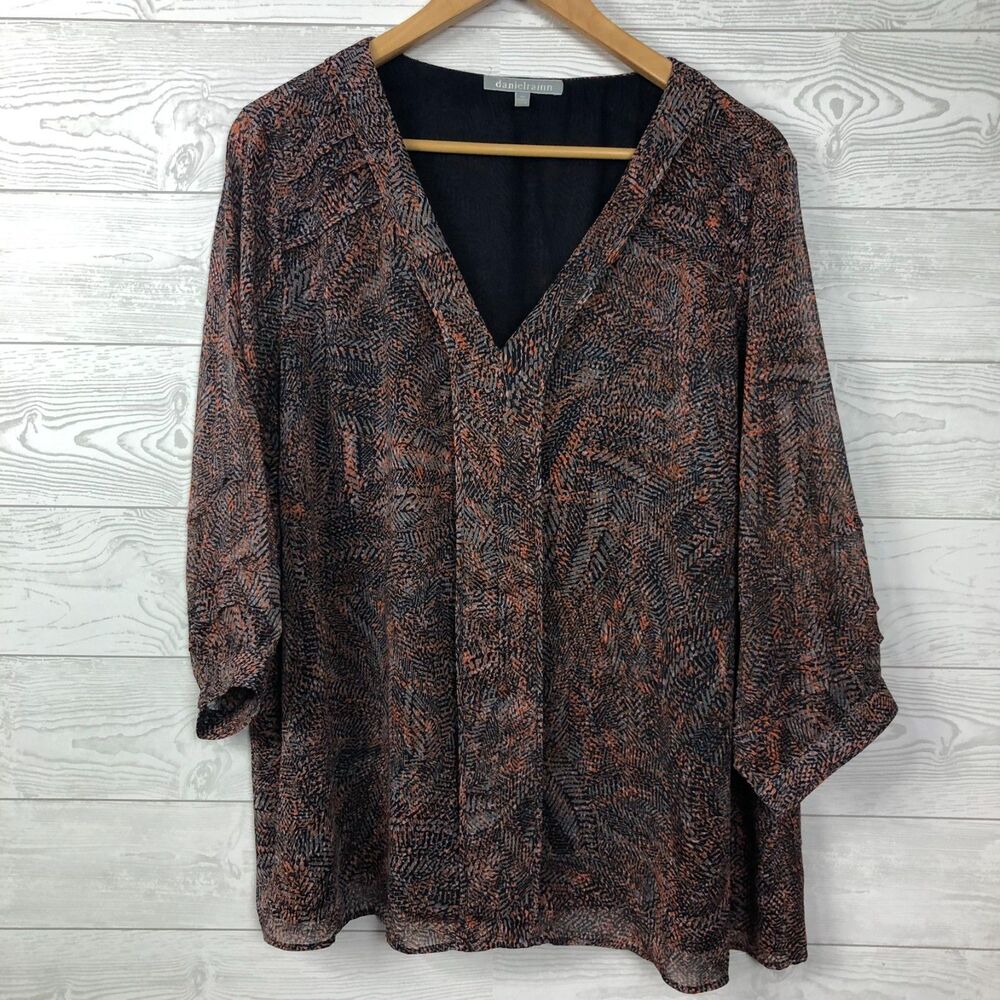 Daniel Rainn Women's Size 2X Printed V Neck Blouse 3/4 Sleeve Shirt Blue Orange